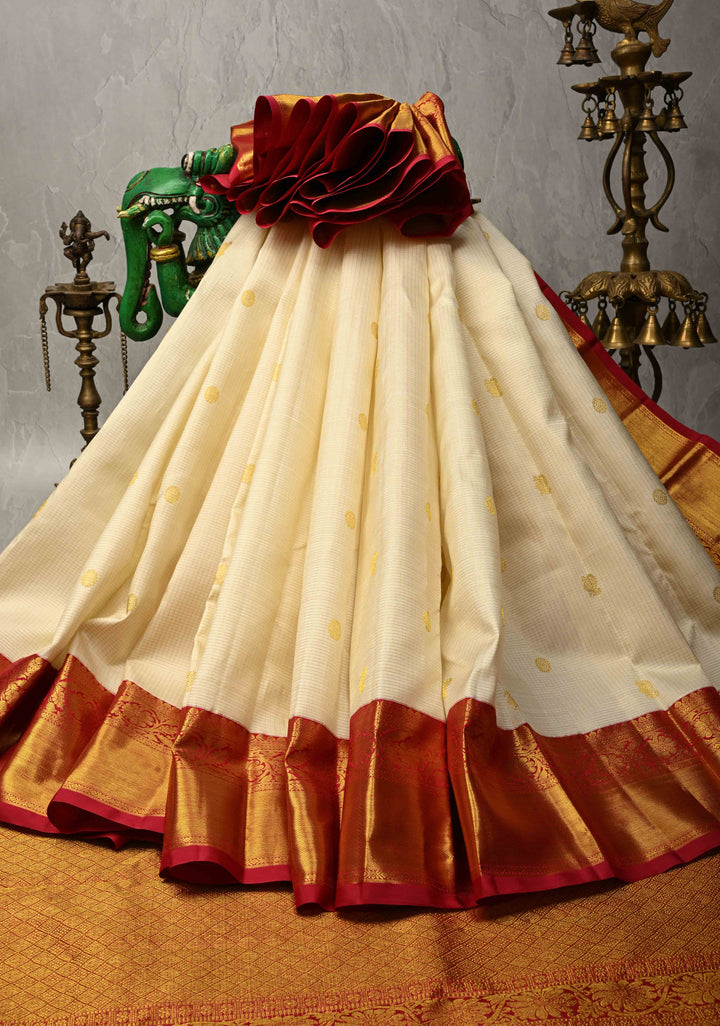 Podi-Kattam Zari Checks Kanjivaram Pure Silk Saree in Off White with Zari Buttas and Korvai Contrast Zari Border | SILK MARK CERTIFIED