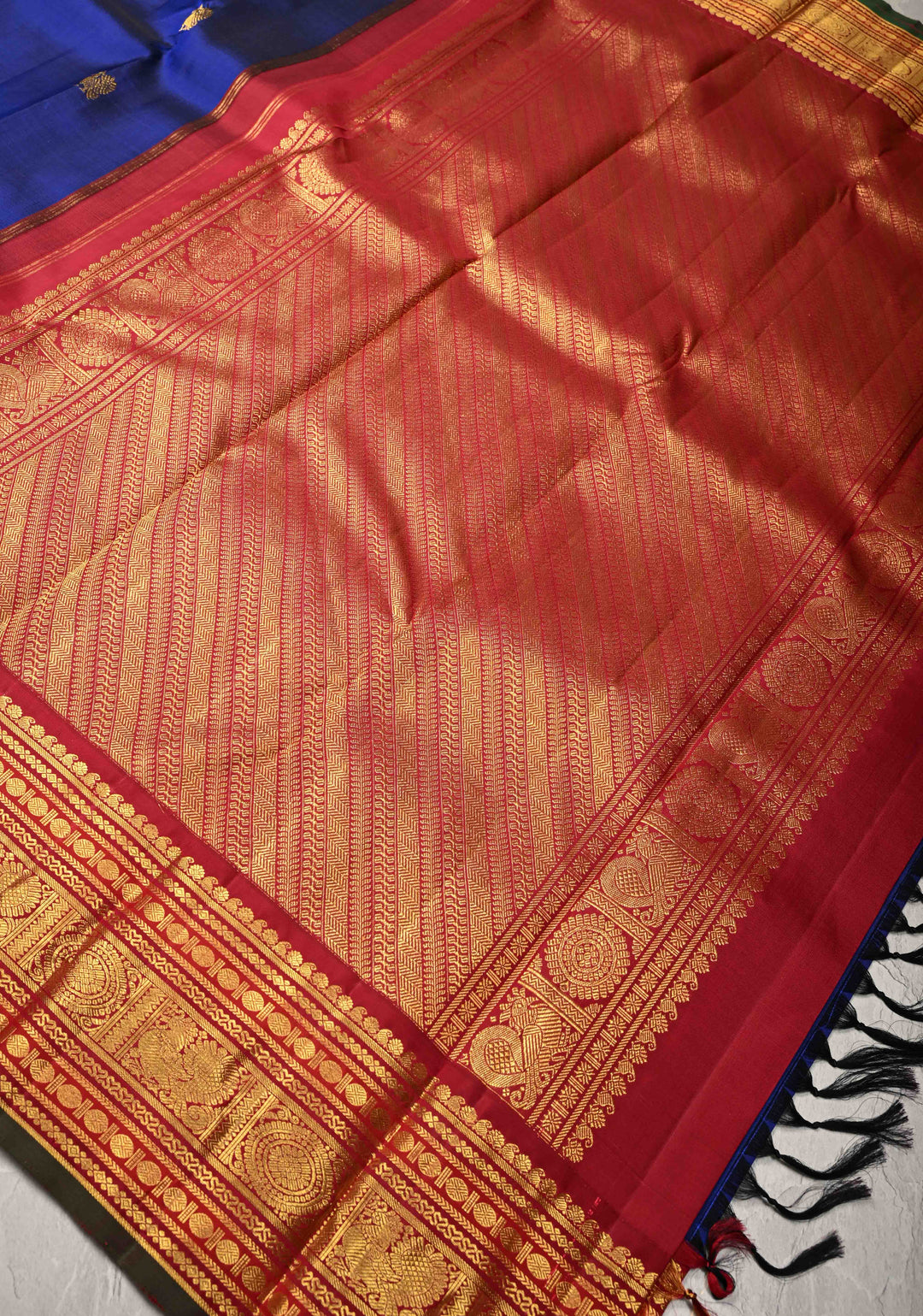 Navy Blue Korvai Kanjivaram Pure Silk Saree with Zari Buttas and Contrast Zari Border | SILK MARK CERTIFIED