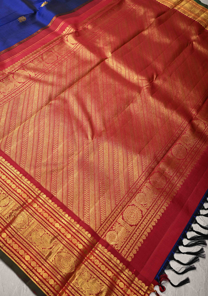 Navy Blue Korvai Kanjivaram Pure Silk Saree with Zari Buttas and Contrast Zari Border | SILK MARK CERTIFIED
