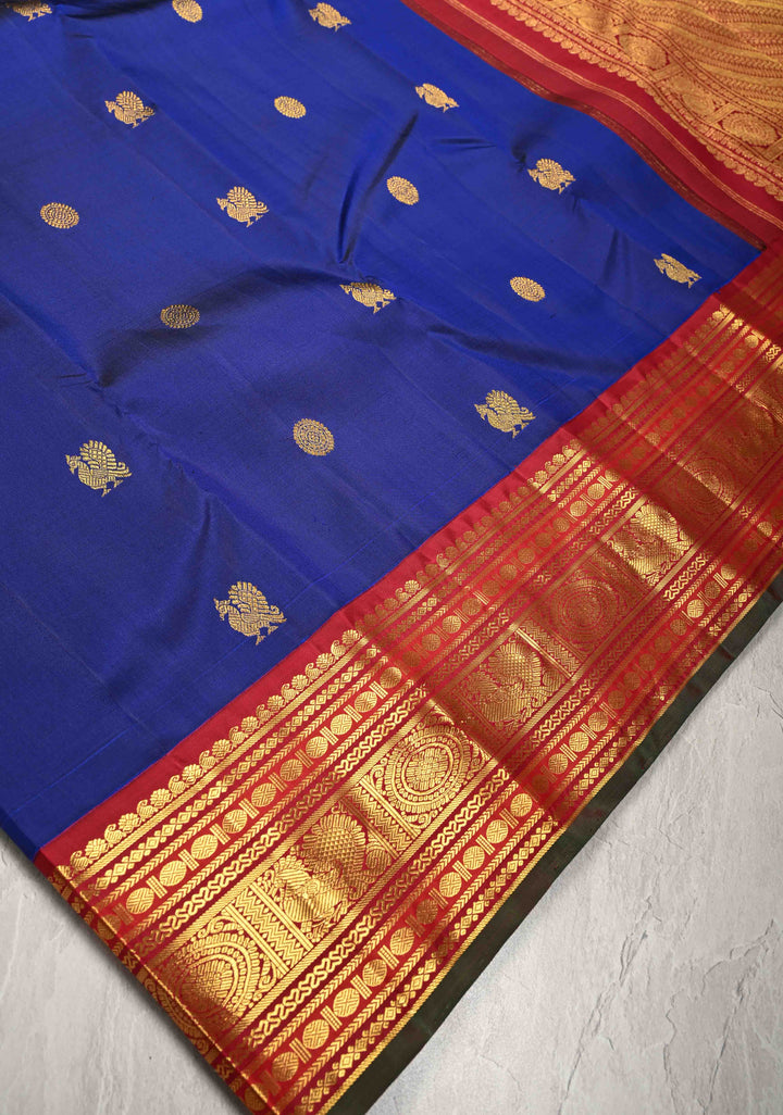 Navy Blue Korvai Kanjivaram Pure Silk Saree with Zari Buttas and Contrast Zari Border | SILK MARK CERTIFIED