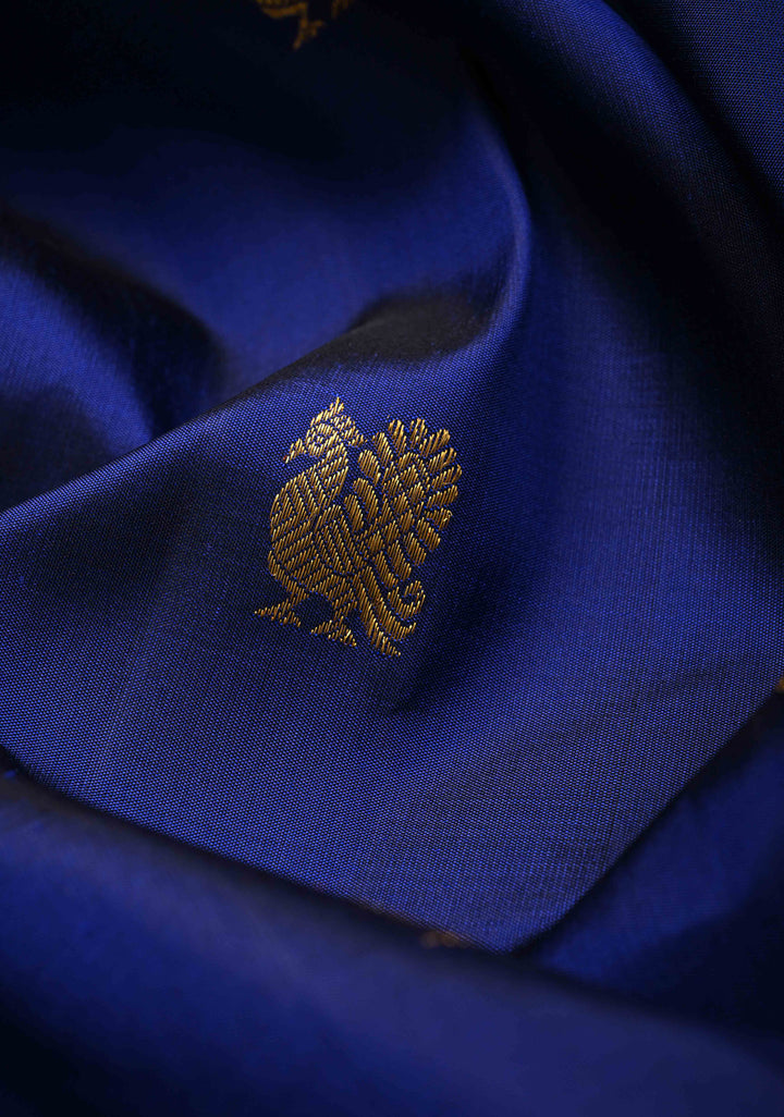 Navy Blue Korvai Kanjivaram Pure Silk Saree with Zari Buttas and Contrast Zari Border | SILK MARK CERTIFIED