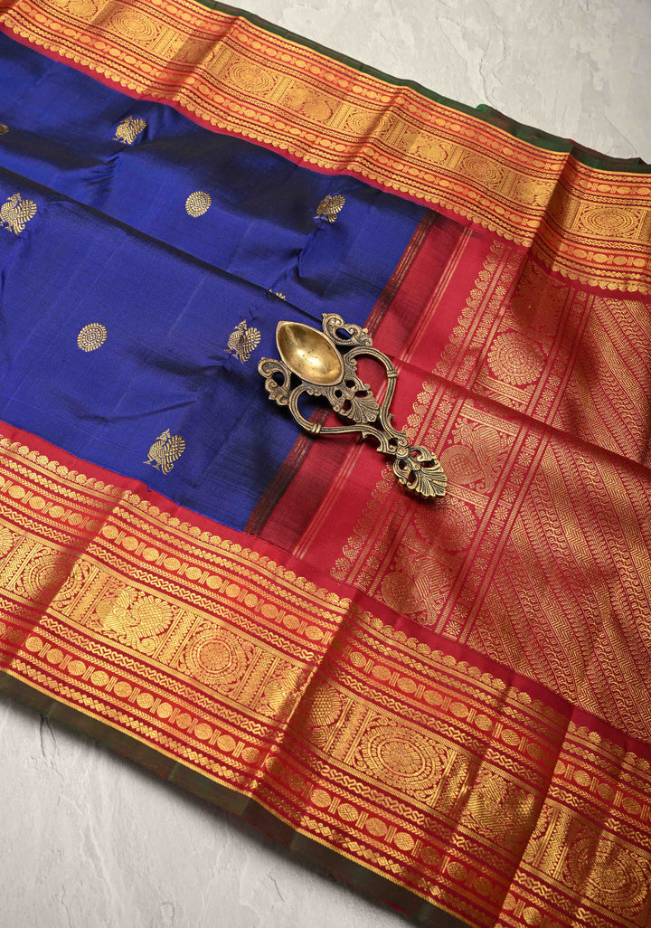 Navy Blue Korvai Kanjivaram Pure Silk Saree with Zari Buttas and Contrast Zari Border | SILK MARK CERTIFIED