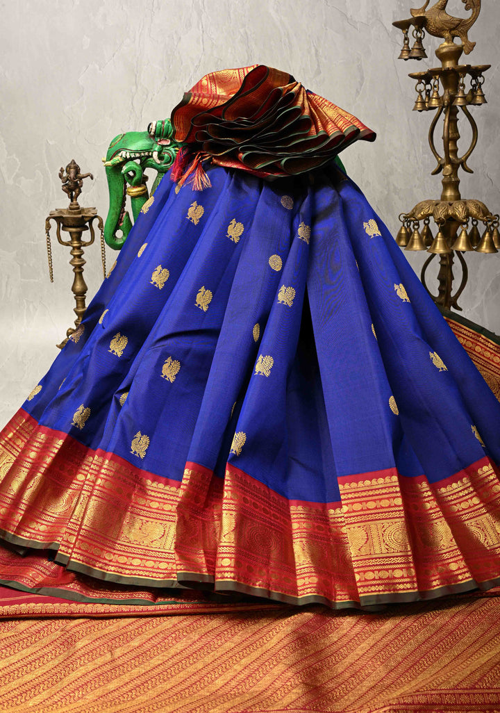 Navy Blue Korvai Kanjivaram Pure Silk Saree with Zari Buttas and Contrast Zari Border | SILK MARK CERTIFIED