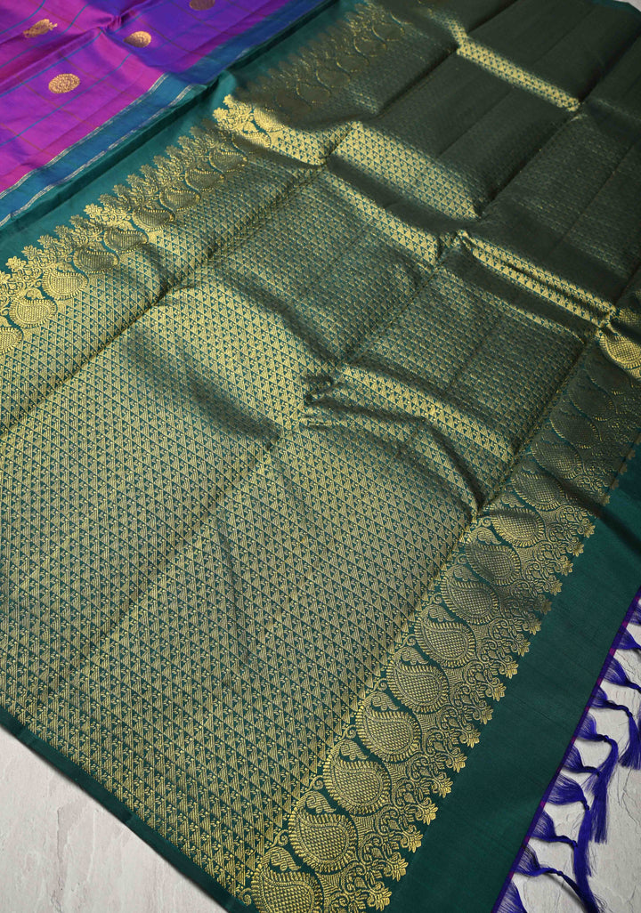 Purple Dual tone Borderless Checks Kanjivaram Pure Silk Saree with Zari Buttas and Contrast Pallu | SILK MARK CERTIFIED