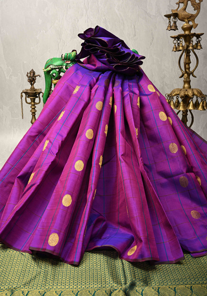Purple Dual tone Borderless Checks Kanjivaram Pure Silk Saree with Zari Buttas and Contrast Pallu | SILK MARK CERTIFIED