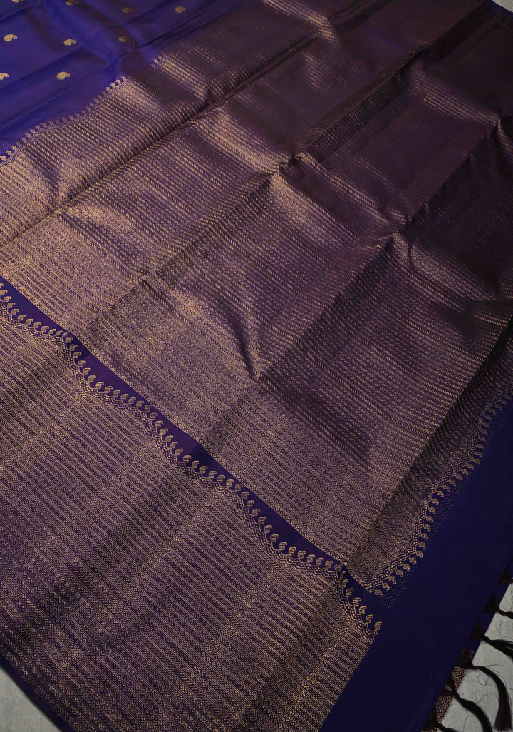 Deep Blue Purple Kanjivaram Pure Silk Saree with Buttas and Contrast Zari Border | SILK MARK CERTIFIED