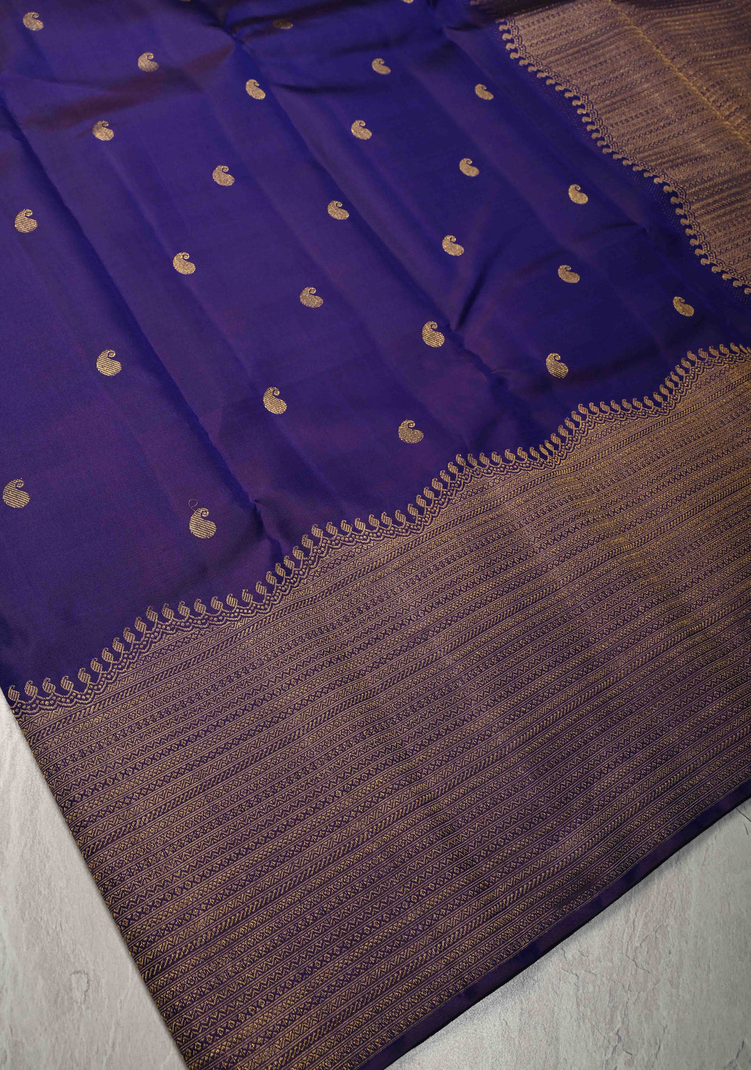 Deep Blue Purple Kanjivaram Pure Silk Saree with Buttas and Contrast Zari Border | SILK MARK CERTIFIED