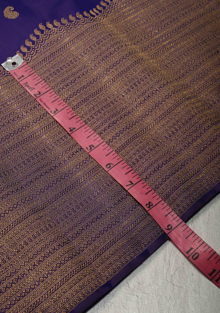 Deep Blue Purple Kanjivaram Pure Silk Saree with Buttas and Contrast Zari Border | SILK MARK CERTIFIED
