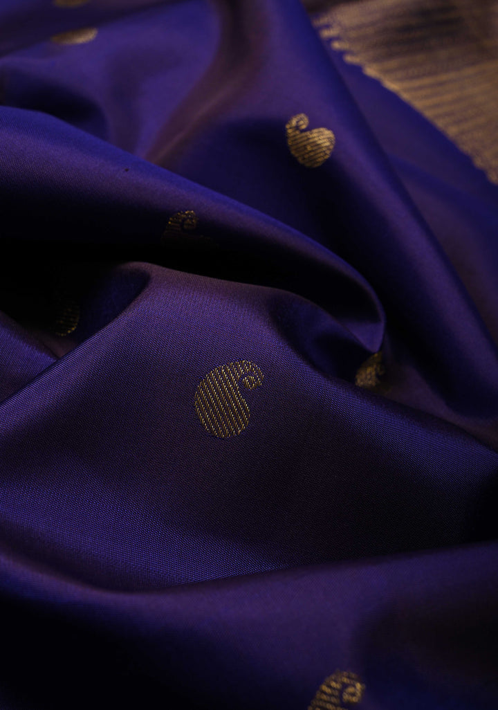 Deep Blue Purple Kanjivaram Pure Silk Saree with Buttas and Contrast Zari Border | SILK MARK CERTIFIED