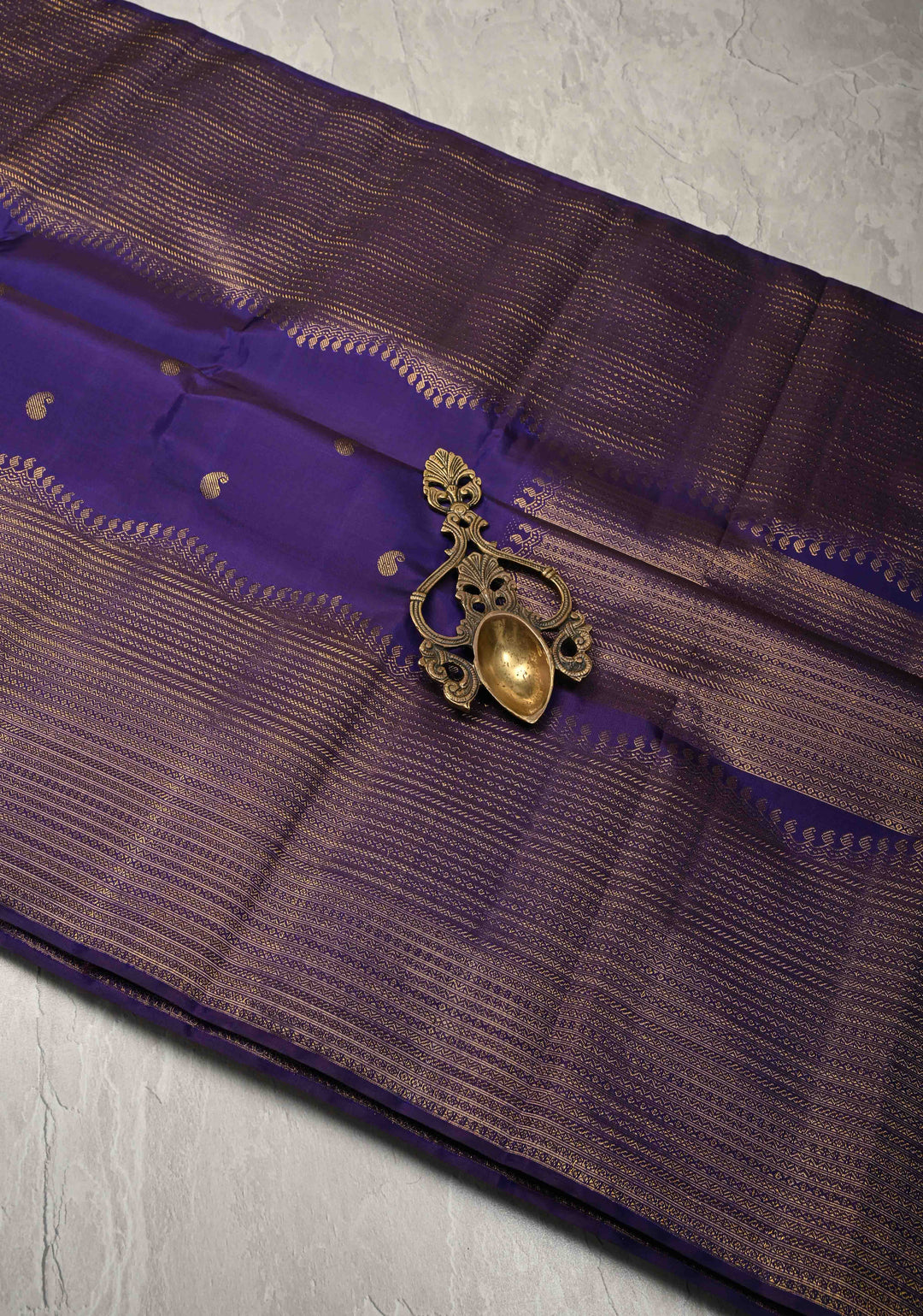 Deep Blue Purple Kanjivaram Pure Silk Saree with Buttas and Contrast Zari Border | SILK MARK CERTIFIED