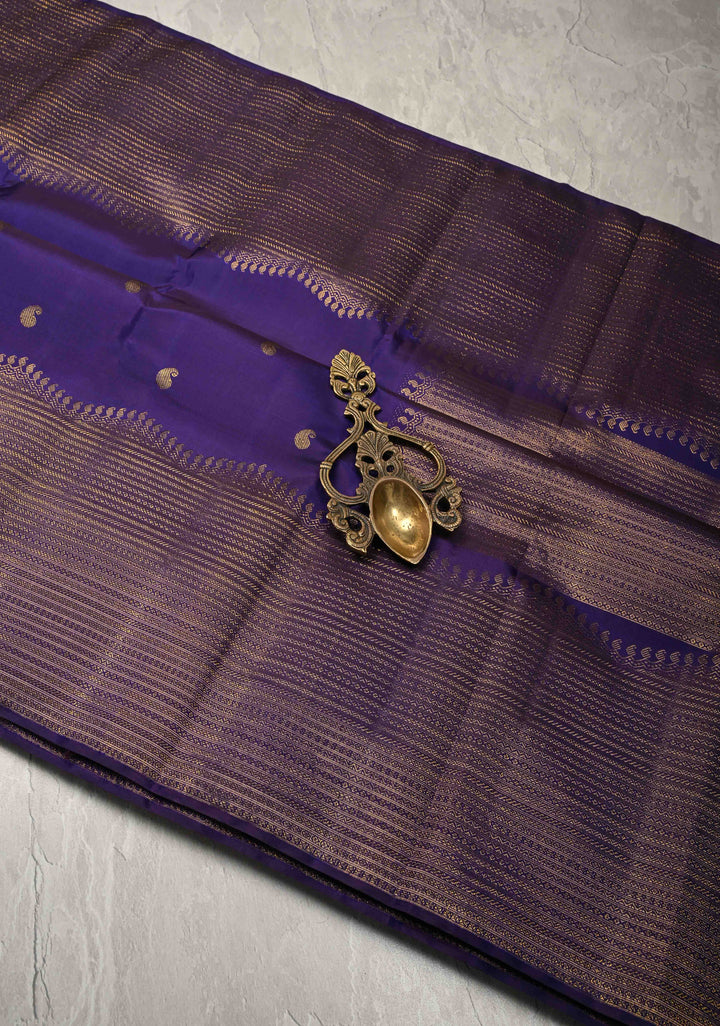 Deep Blue Purple Kanjivaram Pure Silk Saree with Buttas and Contrast Zari Border | SILK MARK CERTIFIED