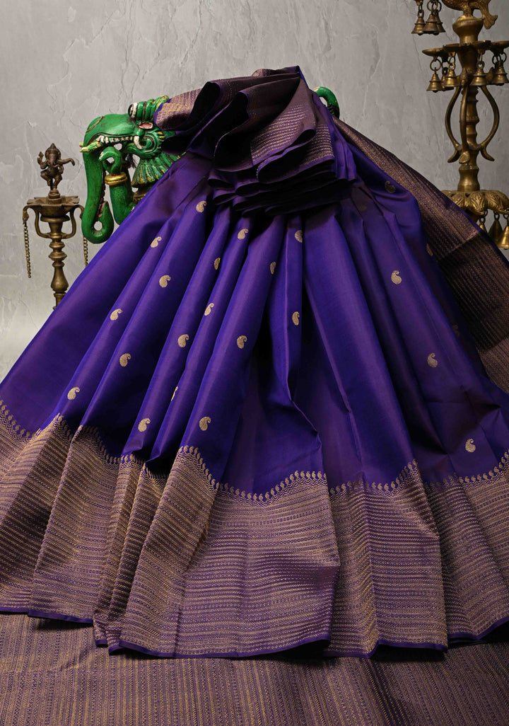 Deep Blue Purple Kanjivaram Pure Silk Saree with Buttas and Contrast Zari Border | SILK MARK CERTIFIED