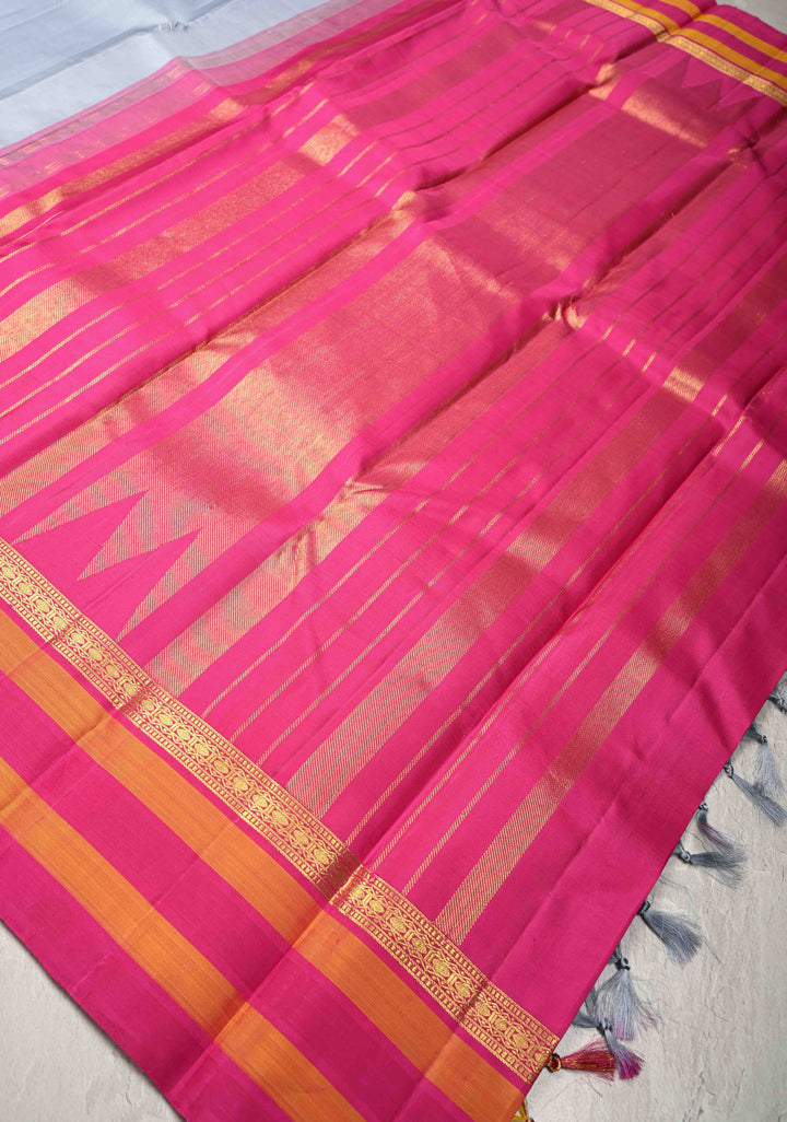 Heather Blue Kanjivaram Pure Silk Saree with Contrast Temple Checks Zari Border | SILK MARK CERTIFIED