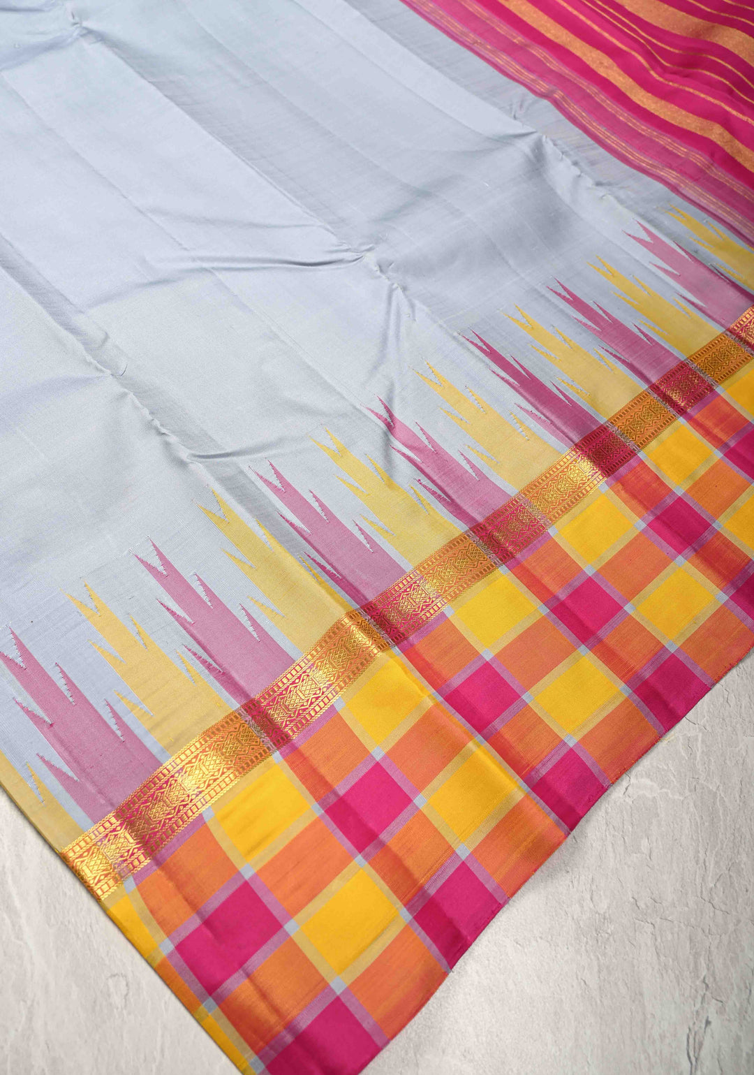 Heather Blue Kanjivaram Pure Silk Saree with Contrast Temple Checks Zari Border | SILK MARK CERTIFIED