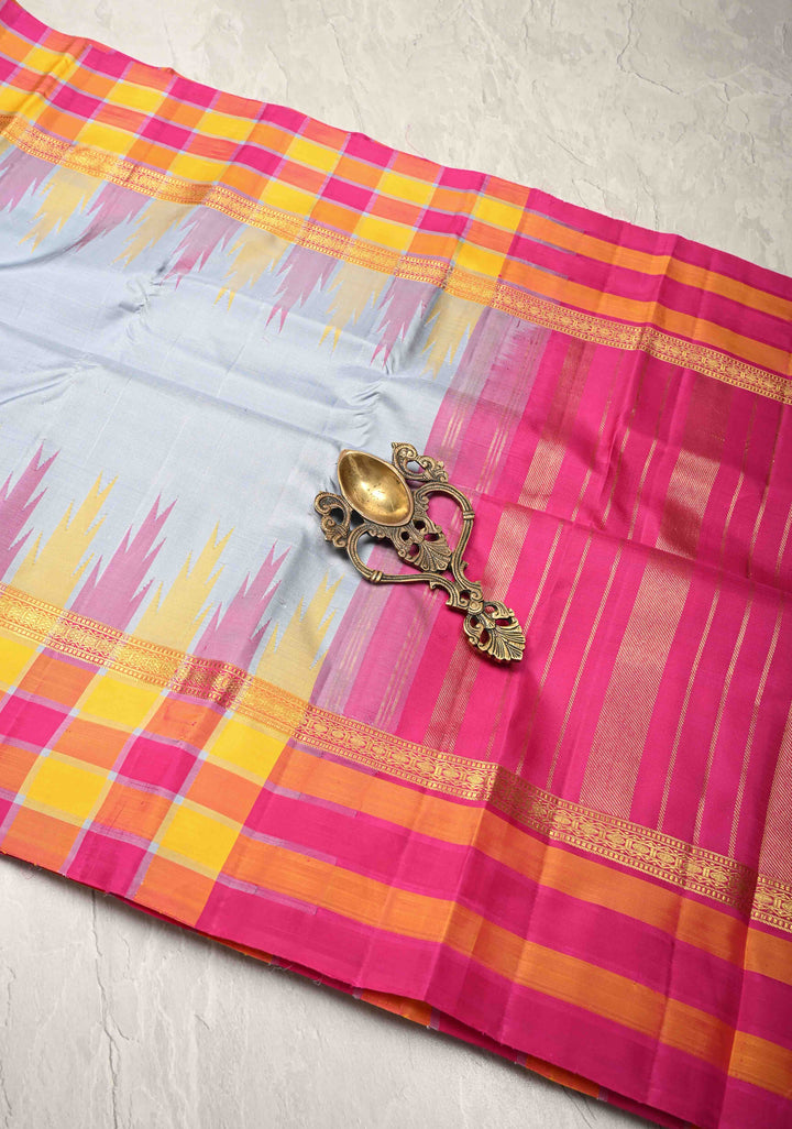 Heather Blue Kanjivaram Pure Silk Saree with Contrast Temple Checks Zari Border | SILK MARK CERTIFIED