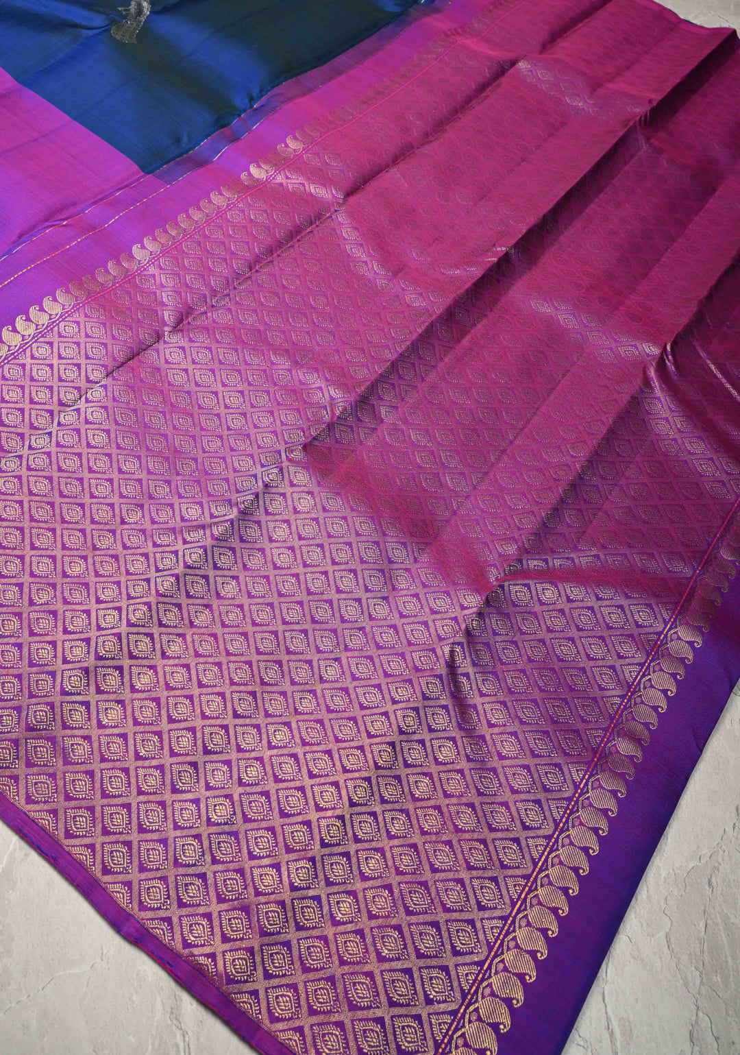 Peacock Blue Kanjivaram Pure Silk Saree with Gold-Silver Peacock Motifs and Purple Wide Skirt Border | SILK MARK CERTIFIED