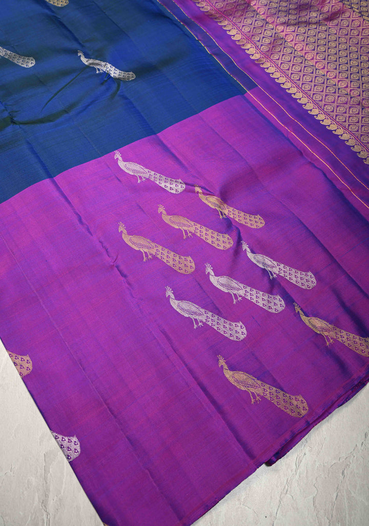Peacock Blue Kanjivaram Pure Silk Saree with Gold-Silver Peacock Motifs and Purple Wide Skirt Border | SILK MARK CERTIFIED