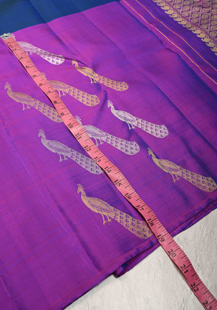 Peacock Blue Kanjivaram Pure Silk Saree with Gold-Silver Peacock Motifs and Purple Wide Skirt Border | SILK MARK CERTIFIED