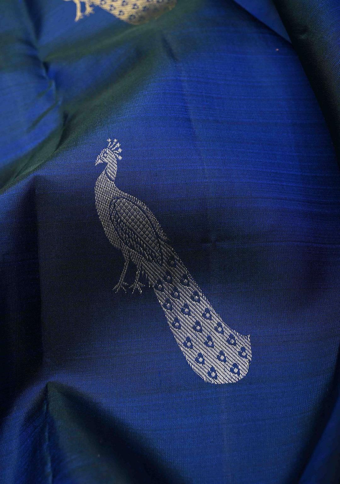 Peacock Blue Kanjivaram Pure Silk Saree with Gold-Silver Peacock Motifs and Purple Wide Skirt Border | SILK MARK CERTIFIED