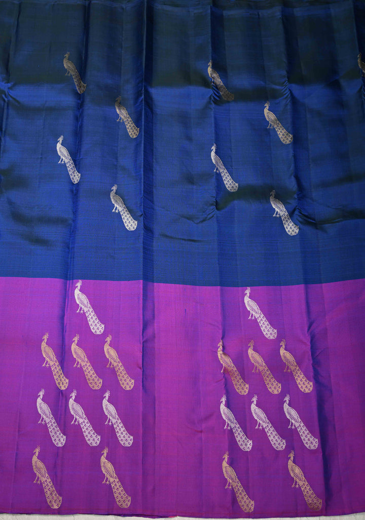Peacock Blue Kanjivaram Pure Silk Saree with Gold-Silver Peacock Motifs and Purple Wide Skirt Border | SILK MARK CERTIFIED