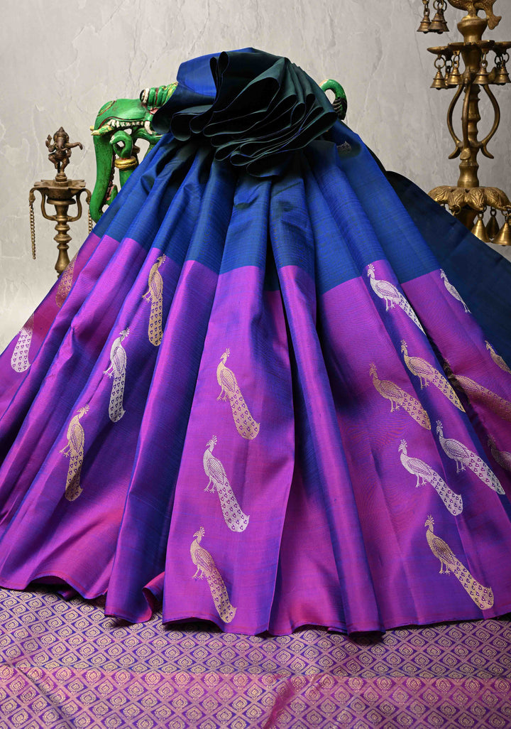 Peacock Blue Kanjivaram Pure Silk Saree with Gold-Silver Peacock Motifs and Purple Wide Skirt Border | SILK MARK CERTIFIED