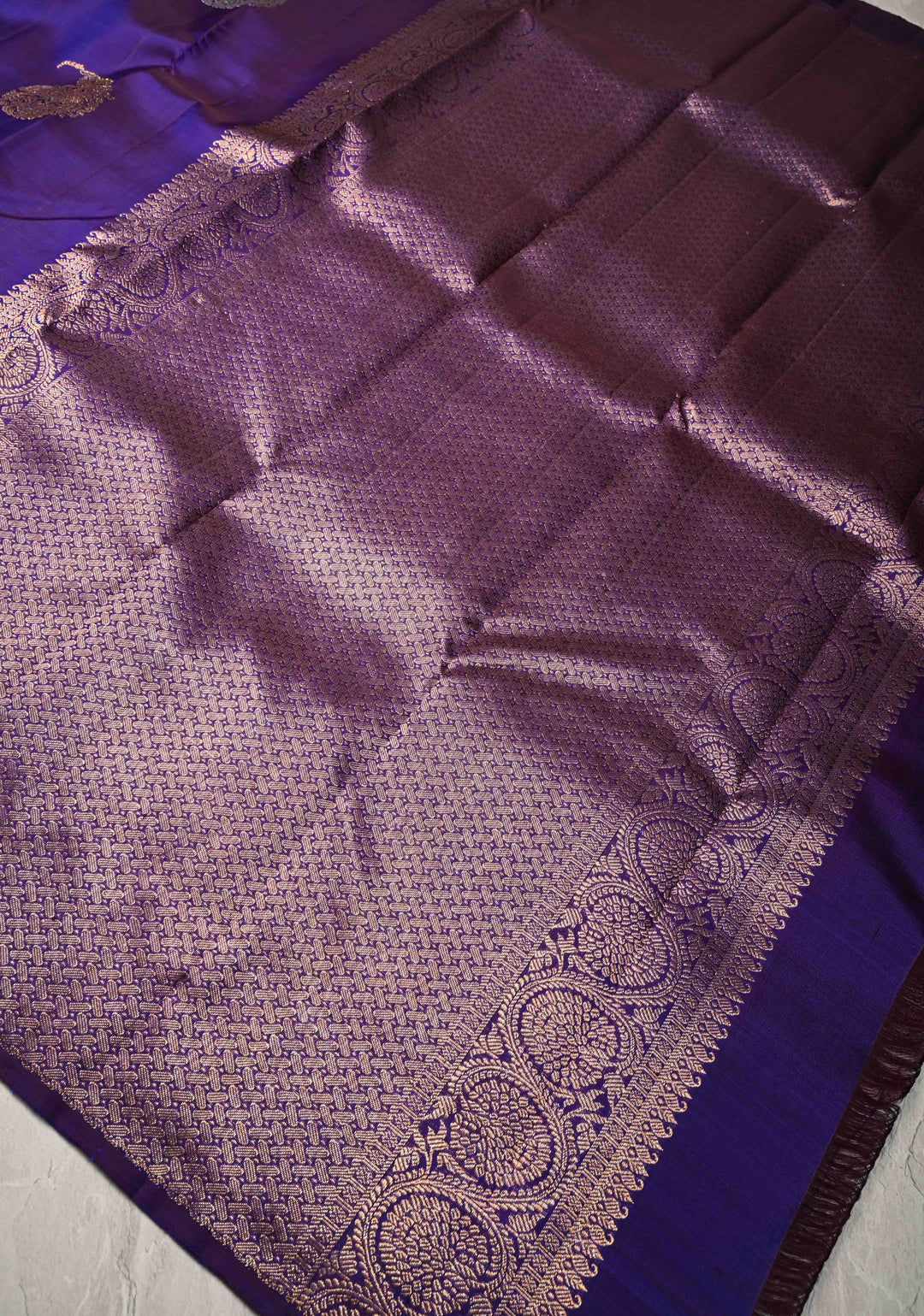 Ink Purple Borderless Pure Kanjivaram Silk Saree with Gold Silver Paisley Zari Motifs  | SILK MARK CERTIFIED