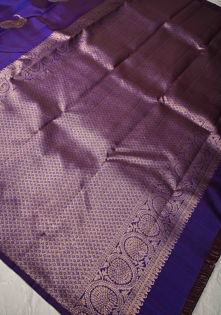 Ink Purple Borderless Pure Kanjivaram Silk Saree with Gold Silver Paisley Zari Motifs  | SILK MARK CERTIFIED