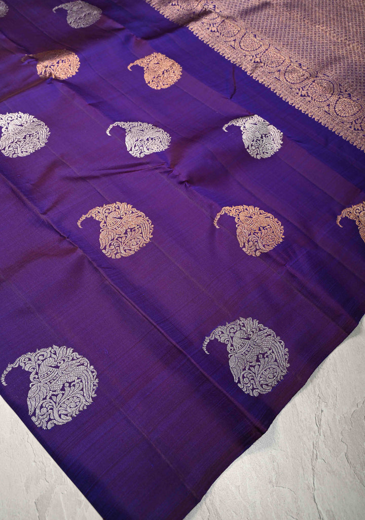 Ink Purple Borderless Pure Kanjivaram Silk Saree with Gold Silver Paisley Zari Motifs  | SILK MARK CERTIFIED