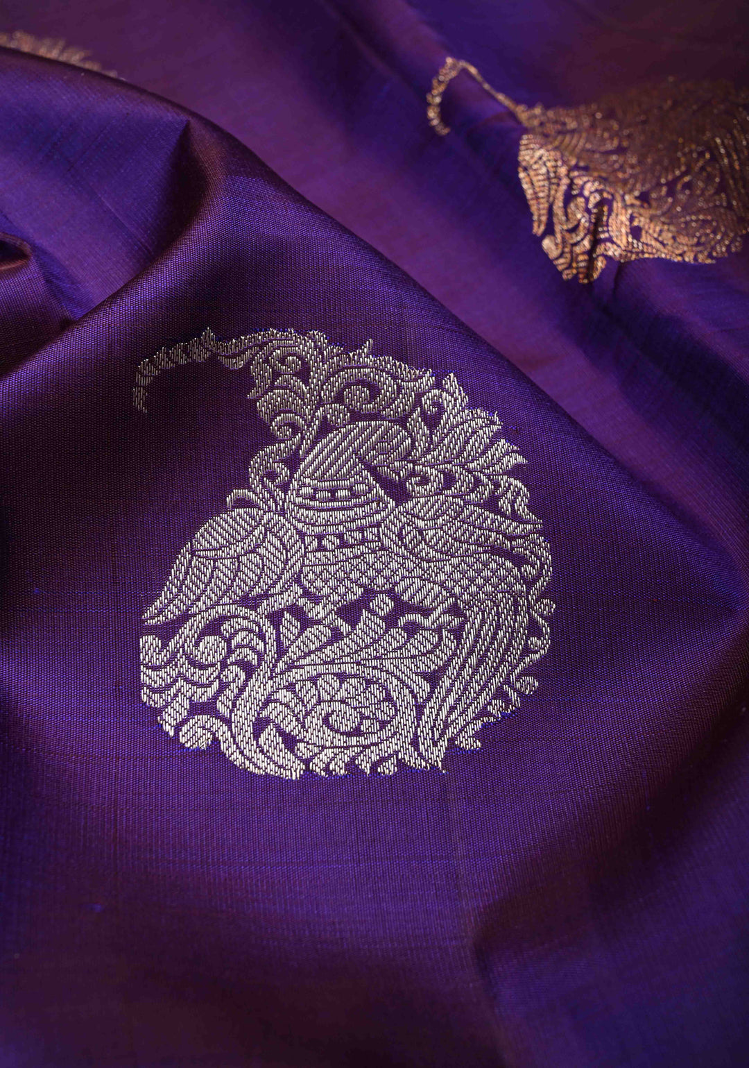 Ink Purple Borderless Pure Kanjivaram Silk Saree with Gold Silver Paisley Zari Motifs  | SILK MARK CERTIFIED