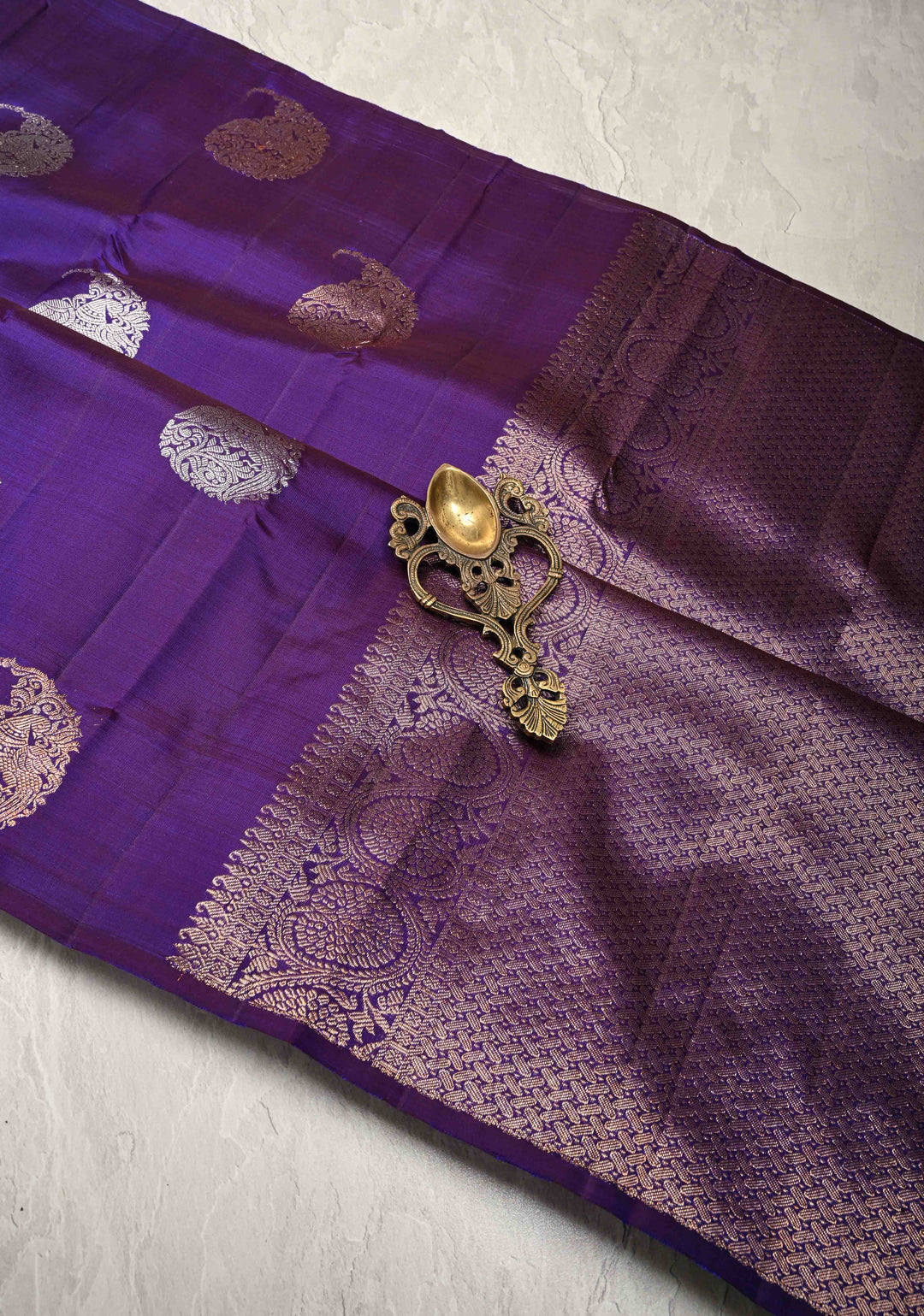 Ink Purple Borderless Pure Kanjivaram Silk Saree with Gold Silver Paisley Zari Motifs  | SILK MARK CERTIFIED