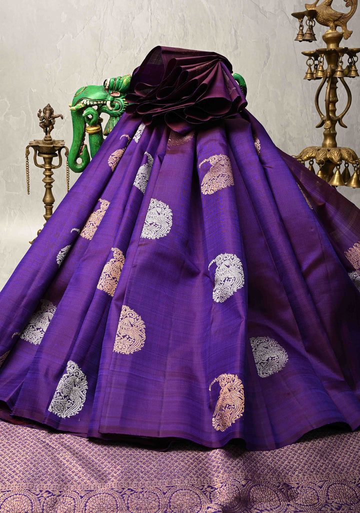 Ink Purple Borderless Pure Kanjivaram Silk Saree with Gold Silver Paisley Zari Motifs  | SILK MARK CERTIFIED