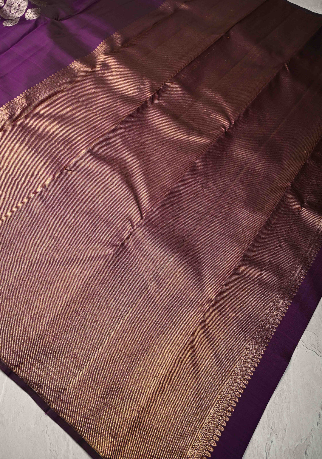 Eggplant Purple Borderless Pure Kanjivaram Silk Saree with Gold-Silver Motifs  | SILK MARK CERTIFIED