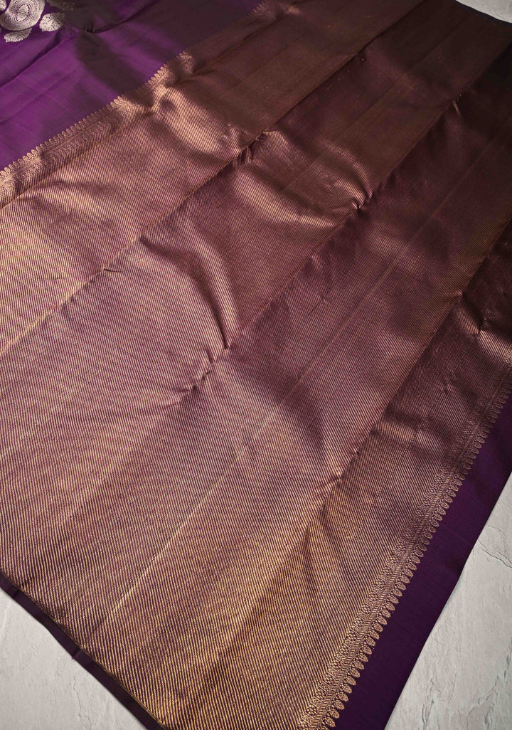 Eggplant Purple Borderless Pure Kanjivaram Silk Saree with Gold-Silver Motifs  | SILK MARK CERTIFIED