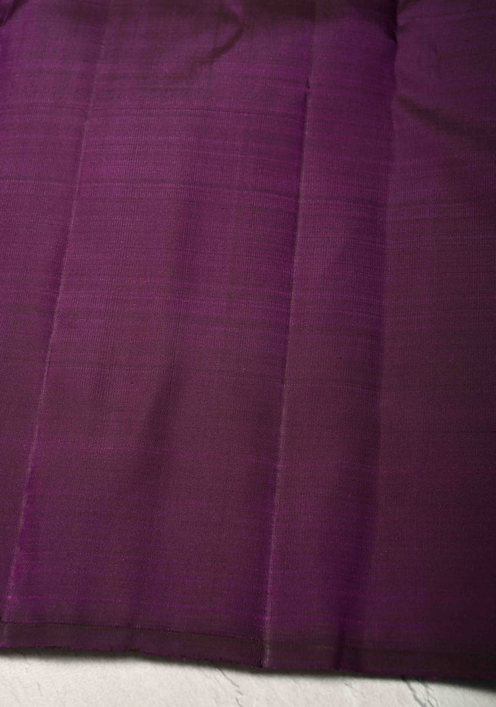 Eggplant Purple Borderless Pure Kanjivaram Silk Saree with Gold-Silver Motifs  | SILK MARK CERTIFIED