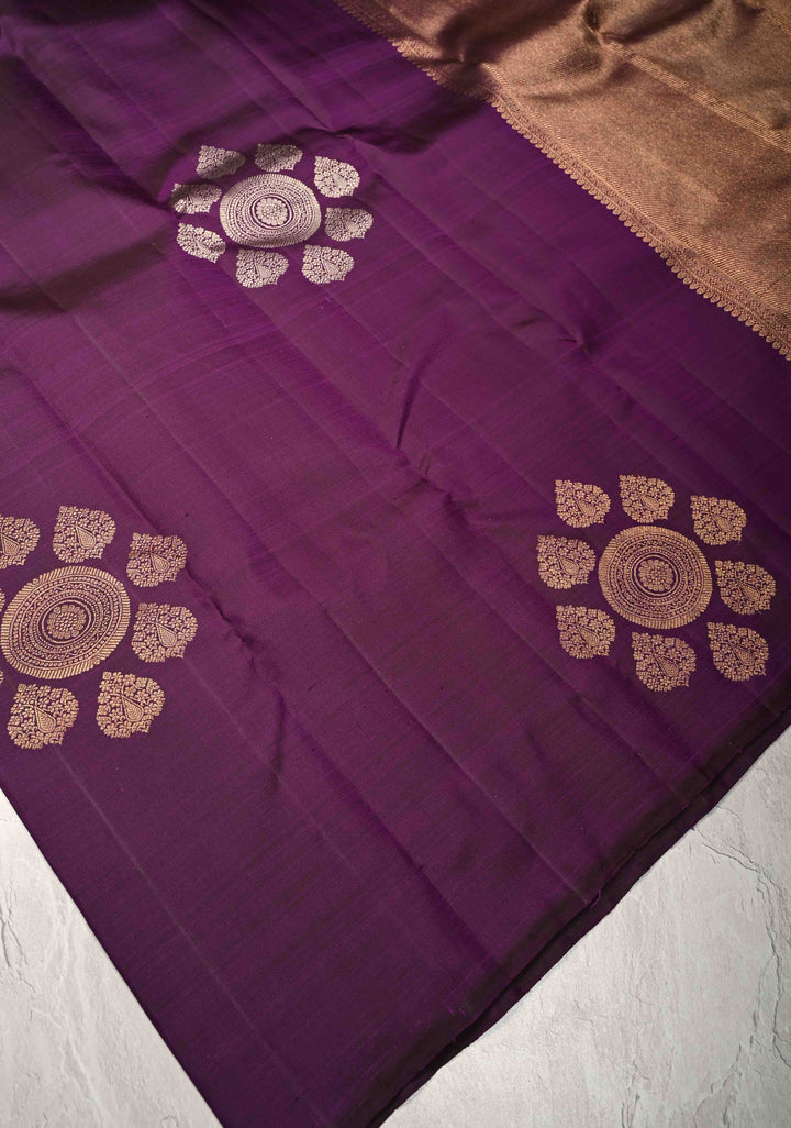 Eggplant Purple Borderless Pure Kanjivaram Silk Saree with Gold-Silver Motifs  | SILK MARK CERTIFIED