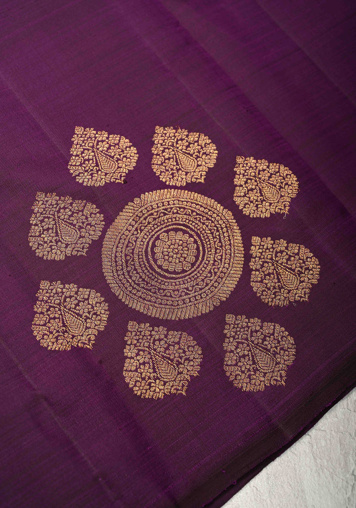 Eggplant Purple Borderless Pure Kanjivaram Silk Saree with Gold-Silver Motifs  | SILK MARK CERTIFIED