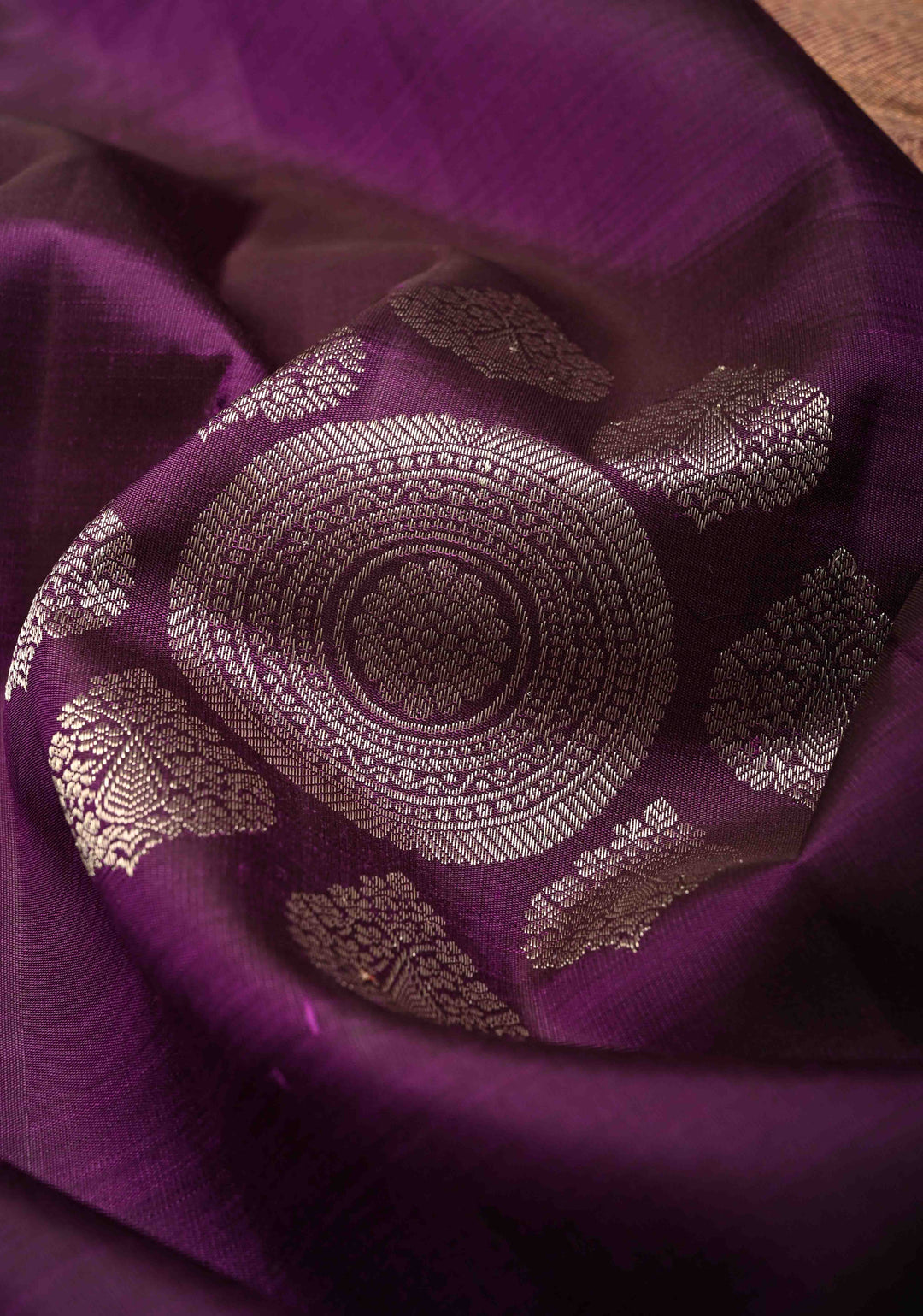 Eggplant Purple Borderless Pure Kanjivaram Silk Saree with Gold-Silver Motifs  | SILK MARK CERTIFIED