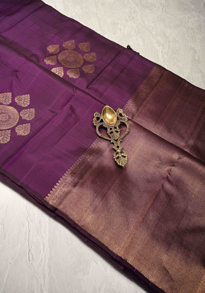 Eggplant Purple Borderless Pure Kanjivaram Silk Saree with Gold-Silver Motifs  | SILK MARK CERTIFIED