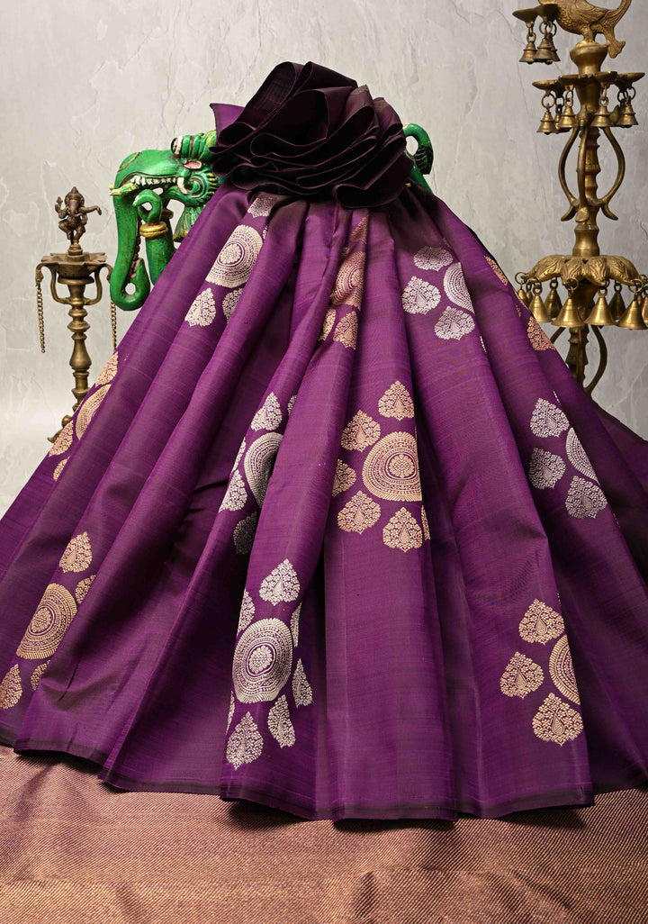 Eggplant Purple Borderless Pure Kanjivaram Silk Saree with Gold-Silver Motifs  | SILK MARK CERTIFIED