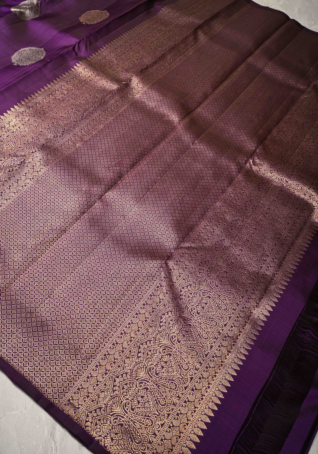 Grape Purple Borderless Pure Kanjivaram Silk Saree with Gold-Silver Buttas  | SILK MARK CERTIFIED