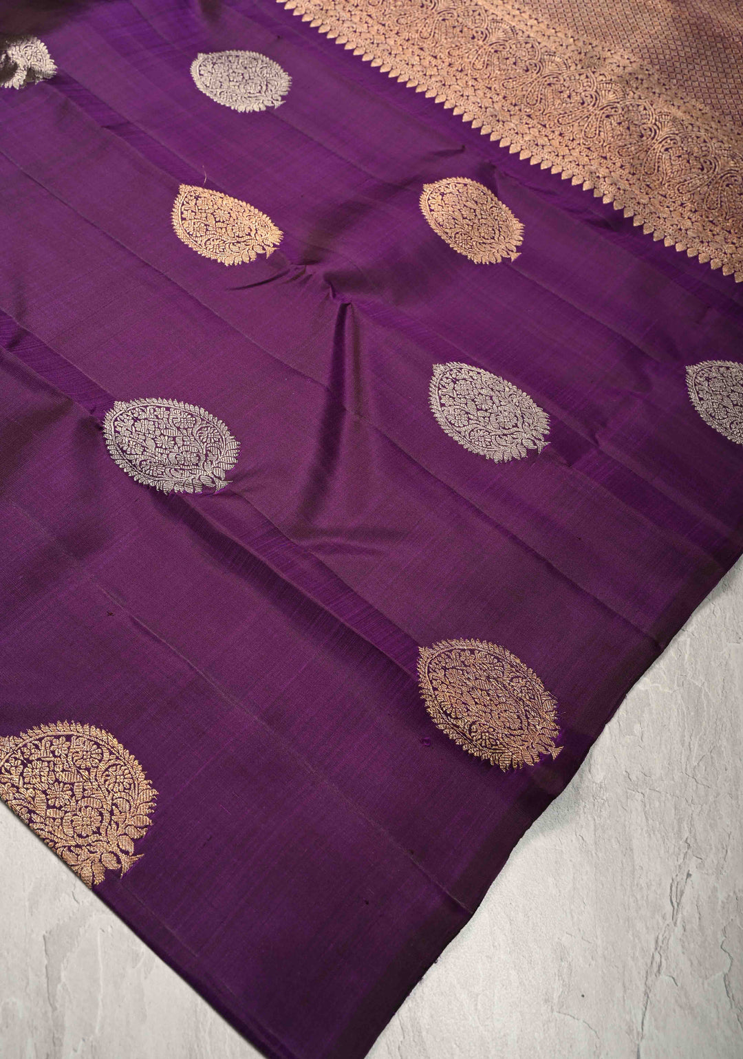 Grape Purple Borderless Pure Kanjivaram Silk Saree with Gold-Silver Buttas  | SILK MARK CERTIFIED