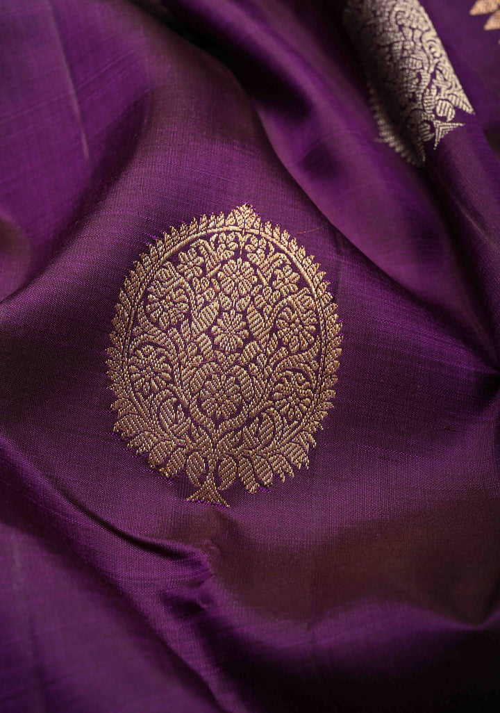 Grape Purple Borderless Pure Kanjivaram Silk Saree with Gold-Silver Buttas  | SILK MARK CERTIFIED
