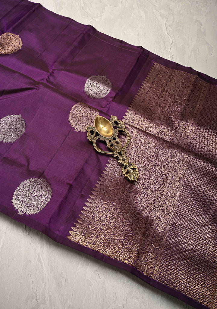 Grape Purple Borderless Pure Kanjivaram Silk Saree with Gold-Silver Buttas  | SILK MARK CERTIFIED