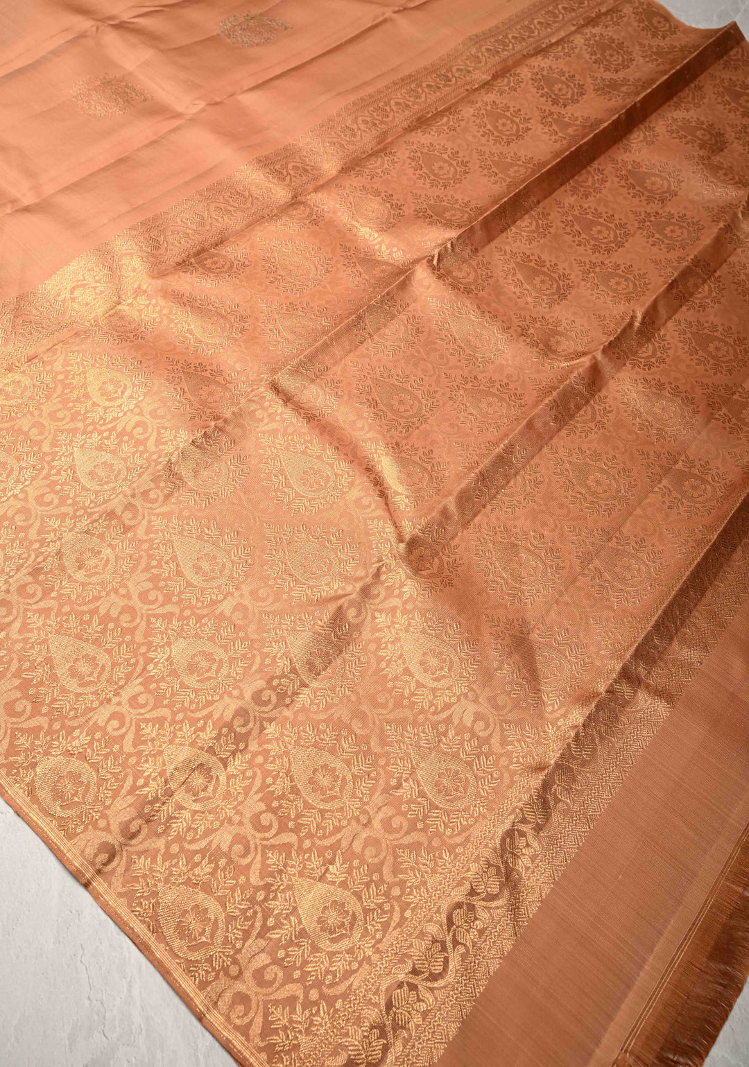Sandstone Borderless Pure Kanjivaram Silk Saree with Gold-Silver Floral Zari Motifs  | SILK MARK CERTIFIED