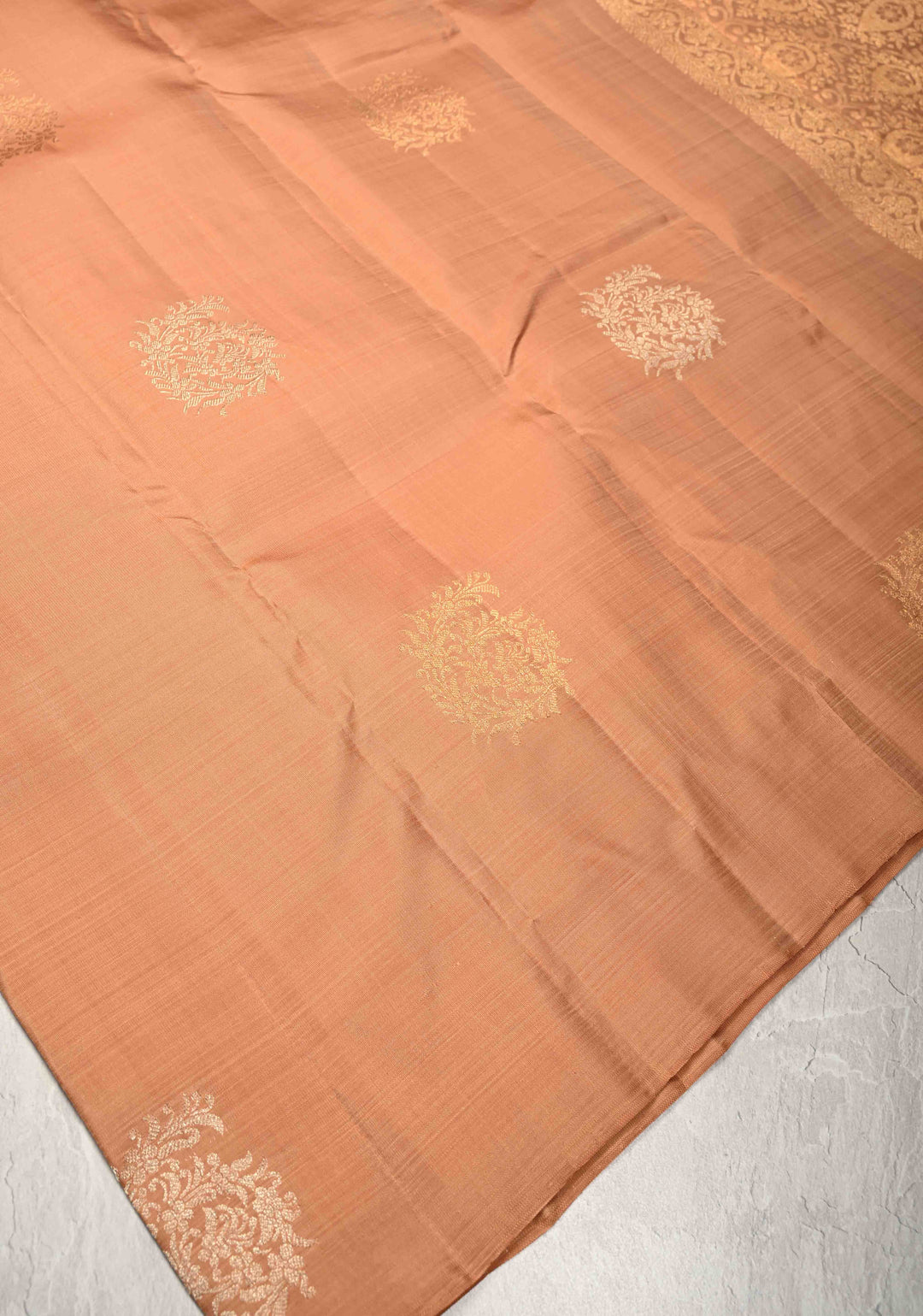 Sandstone Borderless Pure Kanjivaram Silk Saree with Gold-Silver Floral Zari Motifs  | SILK MARK CERTIFIED