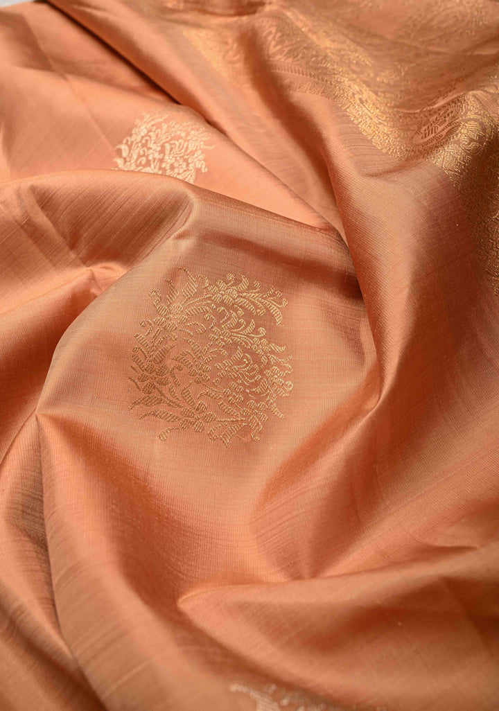Sandstone Borderless Pure Kanjivaram Silk Saree with Gold-Silver Floral Zari Motifs  | SILK MARK CERTIFIED