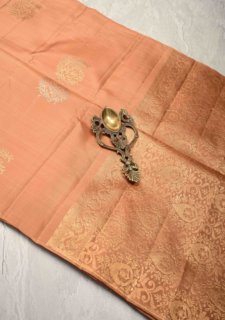 Sandstone Borderless Pure Kanjivaram Silk Saree with Gold-Silver Floral Zari Motifs  | SILK MARK CERTIFIED