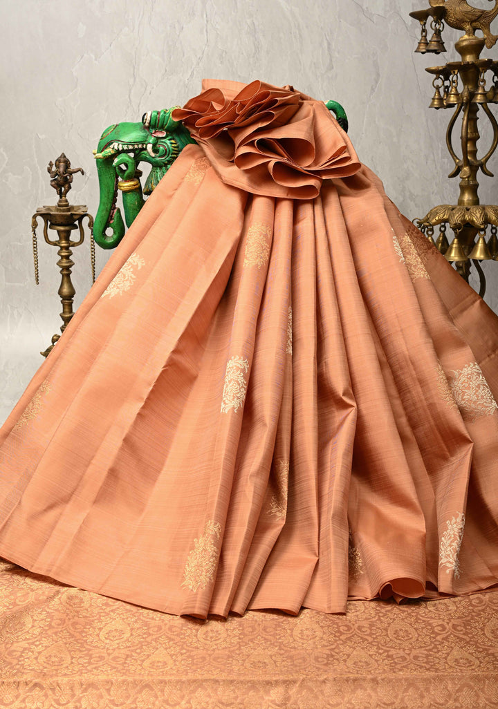 Sandstone Borderless Pure Kanjivaram Silk Saree with Gold-Silver Floral Zari Motifs  | SILK MARK CERTIFIED
