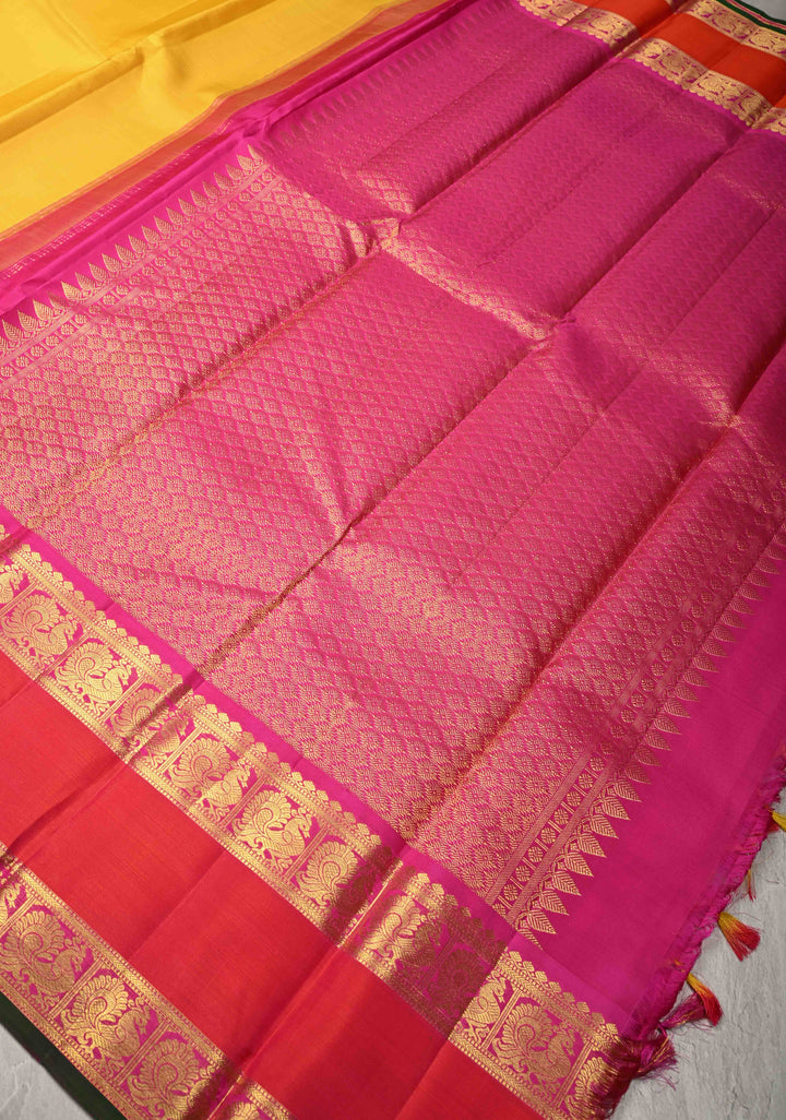 Sunflower Yellow Kanjivaram Pure Silk Saree with Contrast Rettaipet Zari Border | SILK MARK CERTIFIED