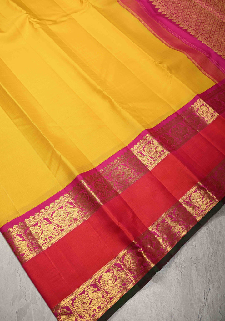 Sunflower Yellow Kanjivaram Pure Silk Saree with Contrast Rettaipet Zari Border | SILK MARK CERTIFIED
